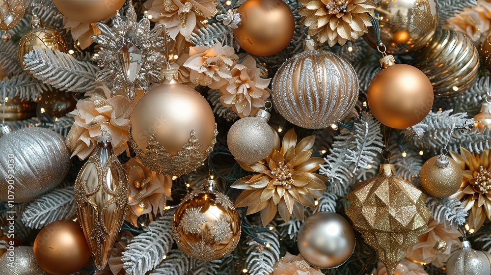 A Close-Up of Gold and Silver Christmas Ornaments on a Frosted Tree Branch A Close-Up of Gold and Silver Christmas Ornaments on a Frosted Tree Branch