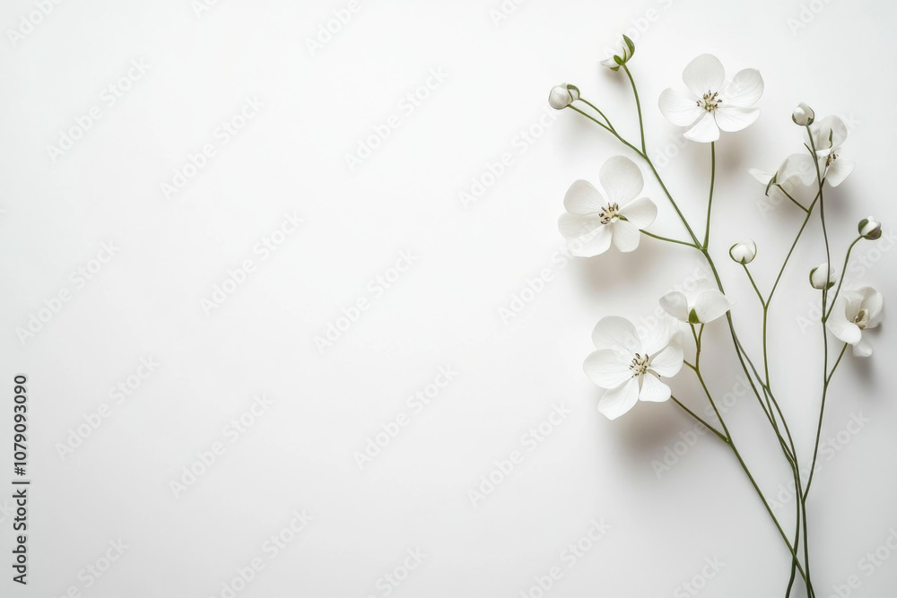 Fototapeta premium Delicate white blossoms bloom against a pristine white background, creating a simple yet elegant scene