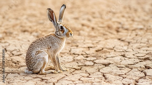 Cautious Hare Blending with Dry Cracked Desert Habitat