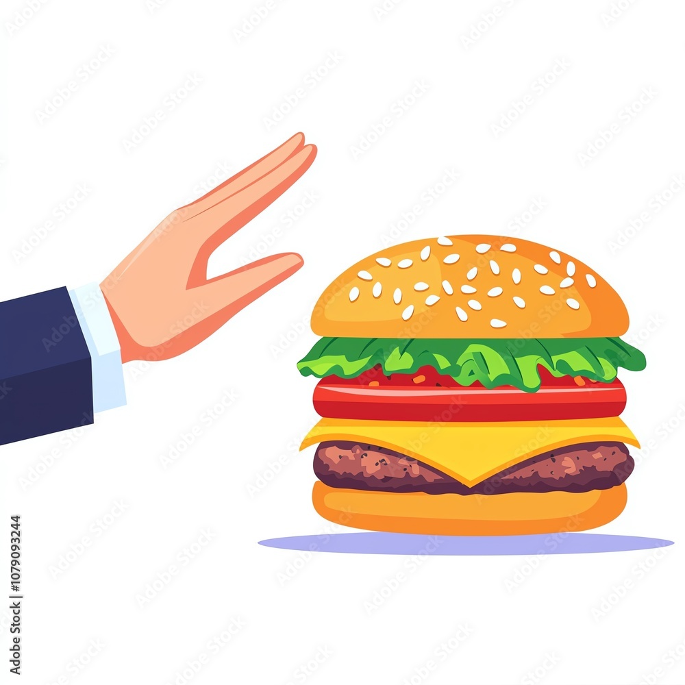 A hand reaching for a delicious cheeseburger topped with lettuce, tomato, and cheese, set against a white background. on a white background
