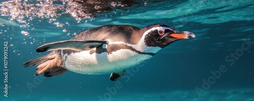 Humboldt penguin swimming underwater in clear blue water