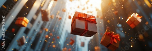 Gift box falling down from sky in large city with skyscrapers.