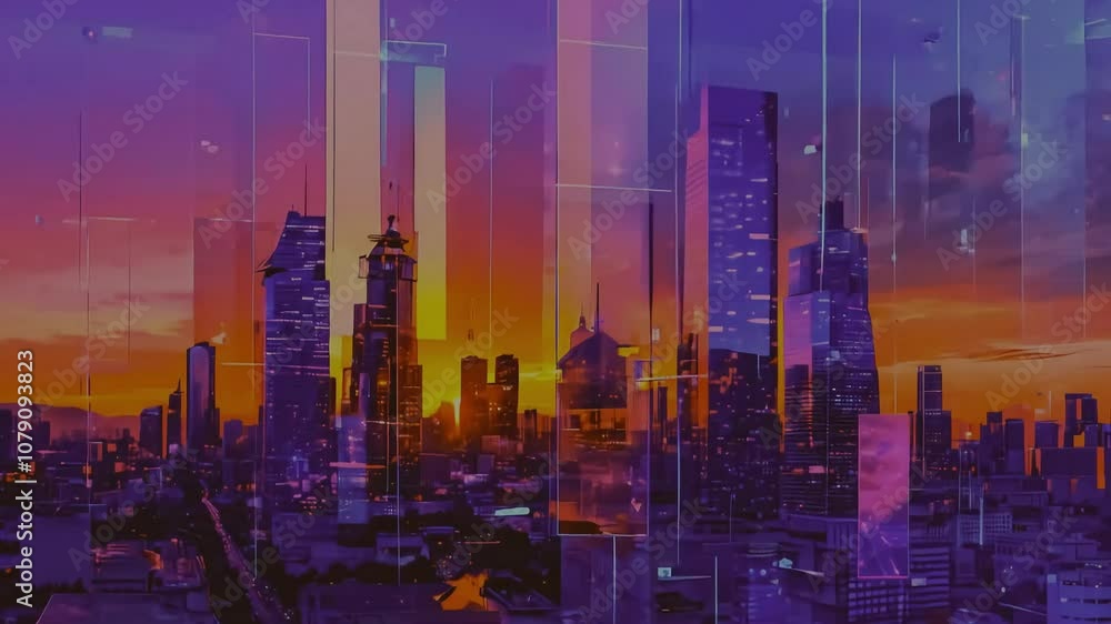 Neon cityscape at sunset, with glowing lines of light streaking across the sky. Neon cityscape at sunset, with glowing lines of light streaking across the sky.