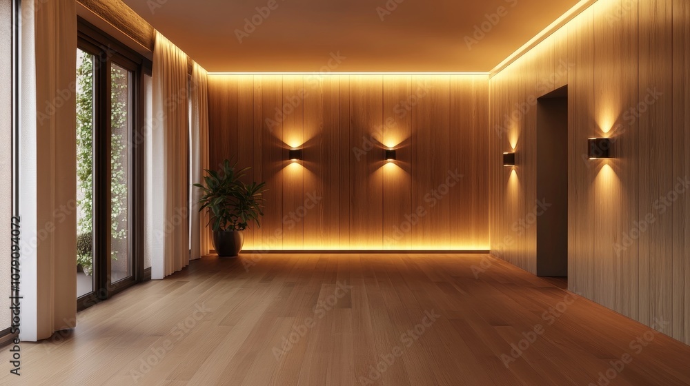 Fototapeta premium A modernly renovated empty room illuminated by wall lights in the evening 3D render