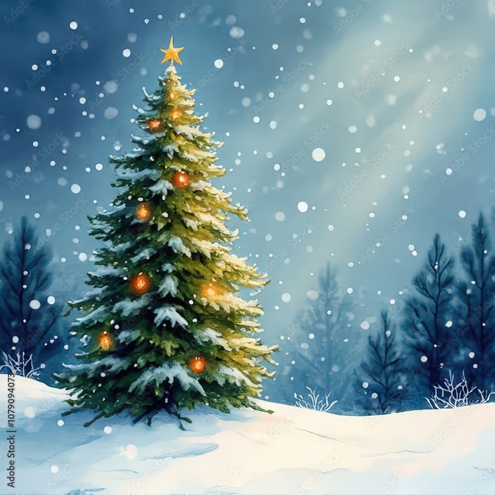 Snowy Christmas Scene with Lit Evergreen Tree, Golden Star, and Falling Snow Snowy Christmas Scene with Lit Evergreen Tree, Golden Star, and Falling Snow