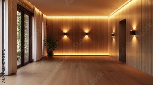 A modernly renovated empty room illuminated by wall lights in the evening 3D render photo