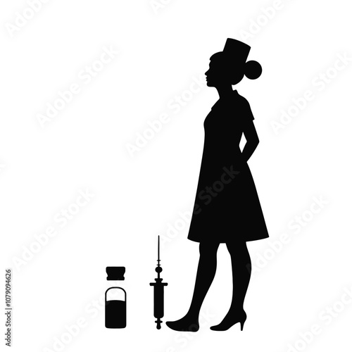 A silhouette of a nurse standing and holding a medicine bottle and an injection syringe