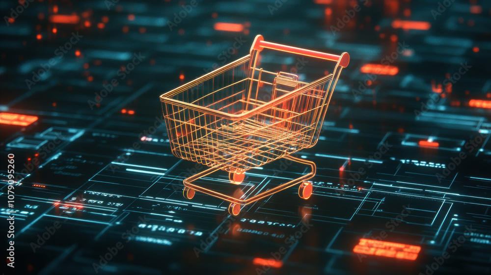 Digital shopping cart on futuristic background representing e commerce growth Digital shopping cart on futuristic background representing e commerce growth