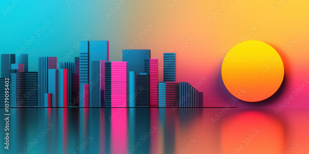 Fototapeta premium Vivid city skyline at dusk with colorful neon lights and sunset