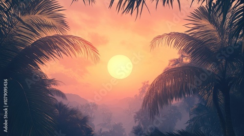 Tropical scene featuring a sunset backdrop and palm trees in a serene summer setting photo