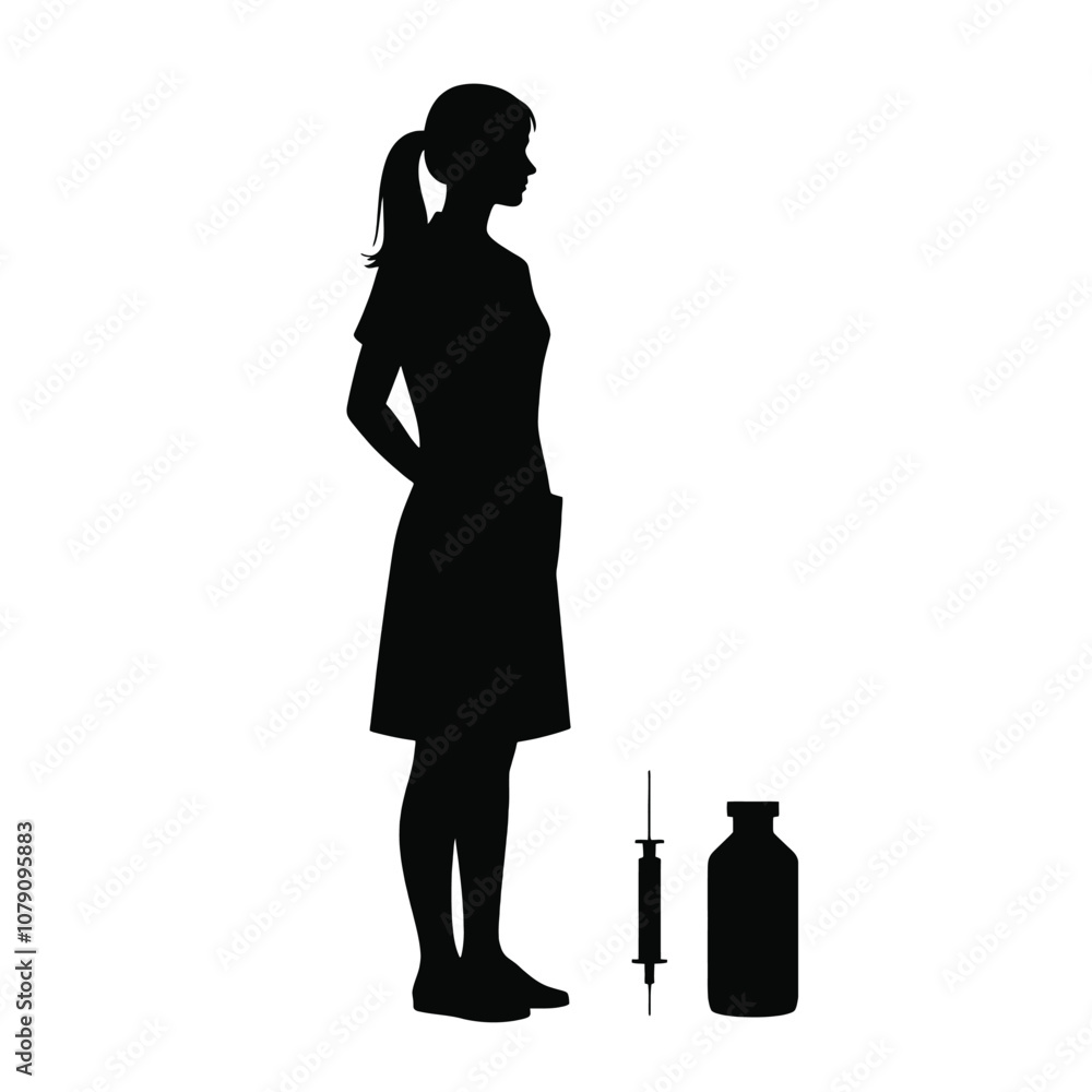 A silhouette of a nurse standing and holding a medicine bottle and an injection syringe A silhouette of a nurse standing and holding a medicine bottle and an injection syringe