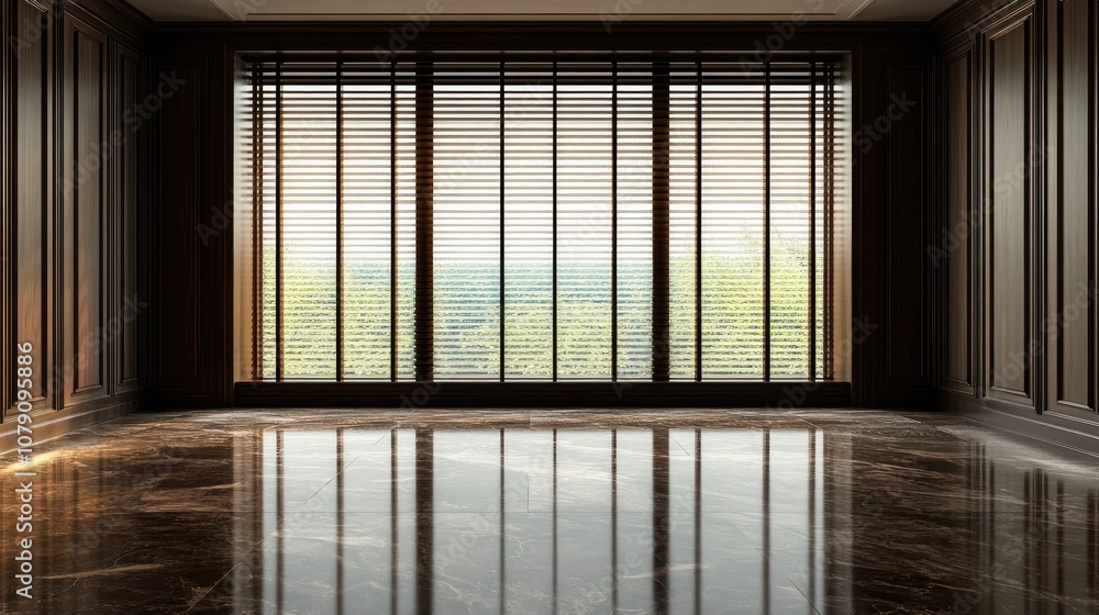 Empty room backdrop featuring dark wooden walls marble tile flooring and a large window adorned with Venetian blinds showcasing modern architectural interior design in 3D Empty room backdrop featuring dark wooden walls marble tile flooring and a large window adorned with Venetian blinds showcasing modern architectural interior design in 3D