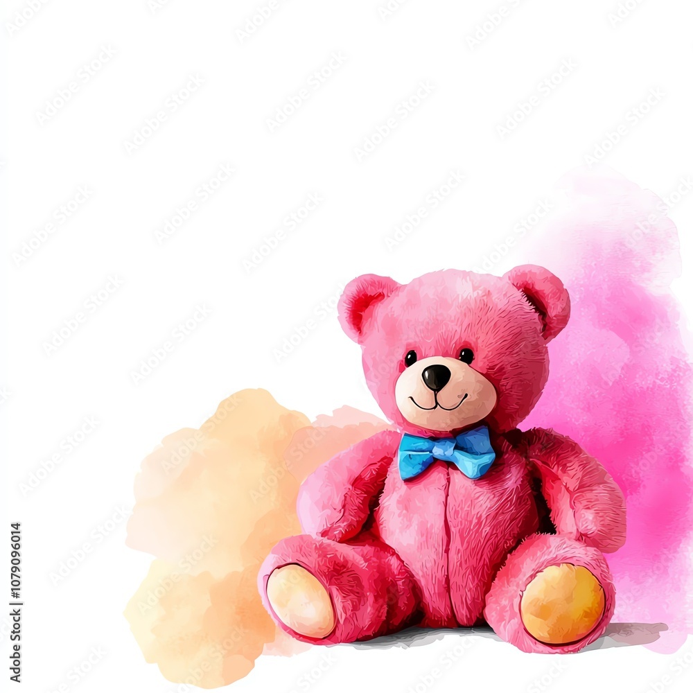 Fototapeta premium A charming pink teddy bear with a blue bow tie, sitting against a colorful watercolor splash background, perfect for children's decor and gifts. on a white background
