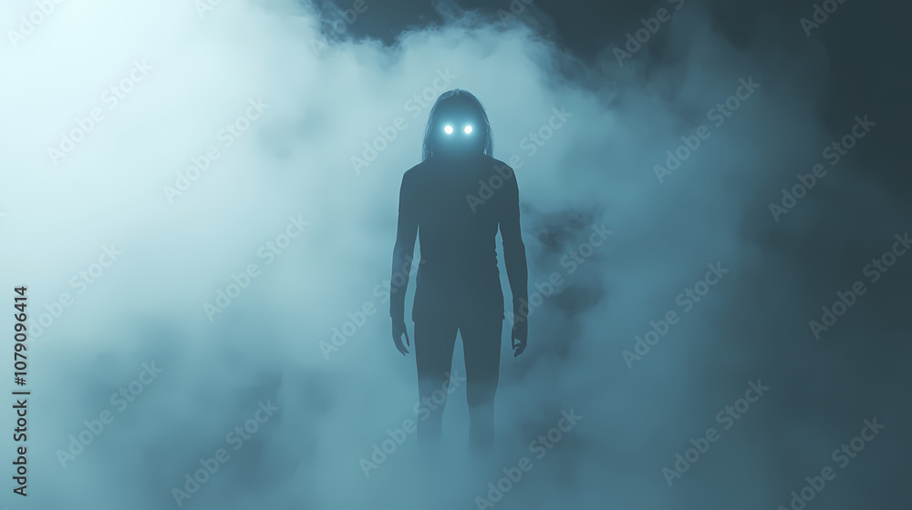 A haunting silhouette with glowing eyes emerges from the mist, evoking feelings of mystery and the supernatural. Mystique. Illustration A haunting silhouette with glowing eyes emerges from the mist, evoking feelings of mystery and the supernatural. Mystique. Illustration