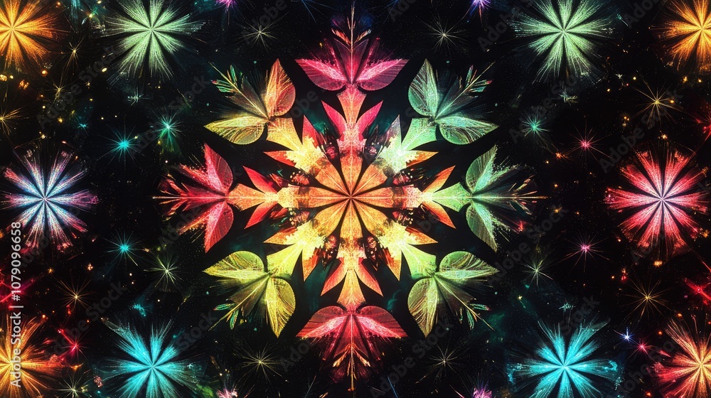 Brightly colored flat stars in a sparkling maltese cross design on a black background Brightly colored flat stars in a sparkling maltese cross design on a black background