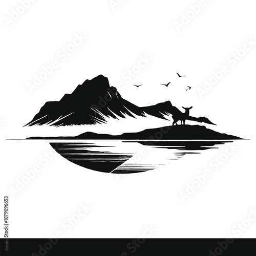 A silhouette scene with a half-setting sun dipping behind a rugged hill by the seashore