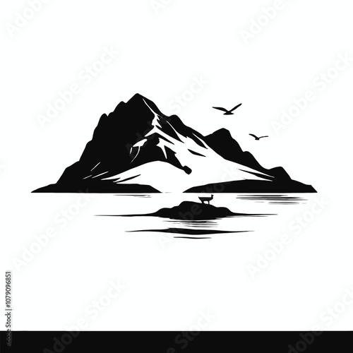 A silhouette scene with a half-setting sun dipping behind a rugged hill by the seashore