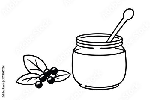 Black and White Illustration of a Jar of Honey with a Stirrer and Honeycomb