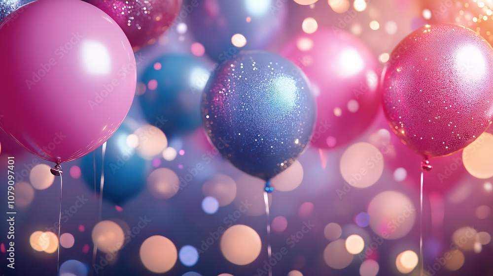 Party decorations with balloons, serpentine, and confetti on a festive background Party decorations with balloons, serpentine, and confetti on a festive background