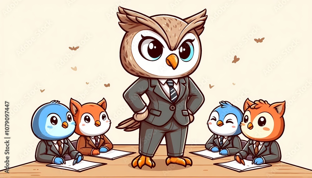 Obraz premium Cute Owl In Business Suit as Woman Leader, Leading a Meeting Cartoon Vector Icon Illustration