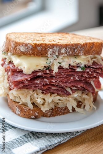 Pastrami Sandwich with Sauerkraut, Melted Swiss Cheese, and Russian Dressing on Rye Bread