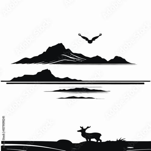 A silhouette scene with a half-setting sun dipping behind a rugged hill by the seashore
