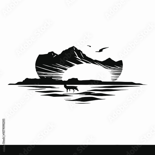 A silhouette scene with a half-setting sun dipping behind a rugged hill by the seashore
