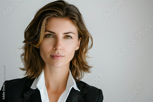 Confident Caucasian businesswoman wearing black blazer on plain white background