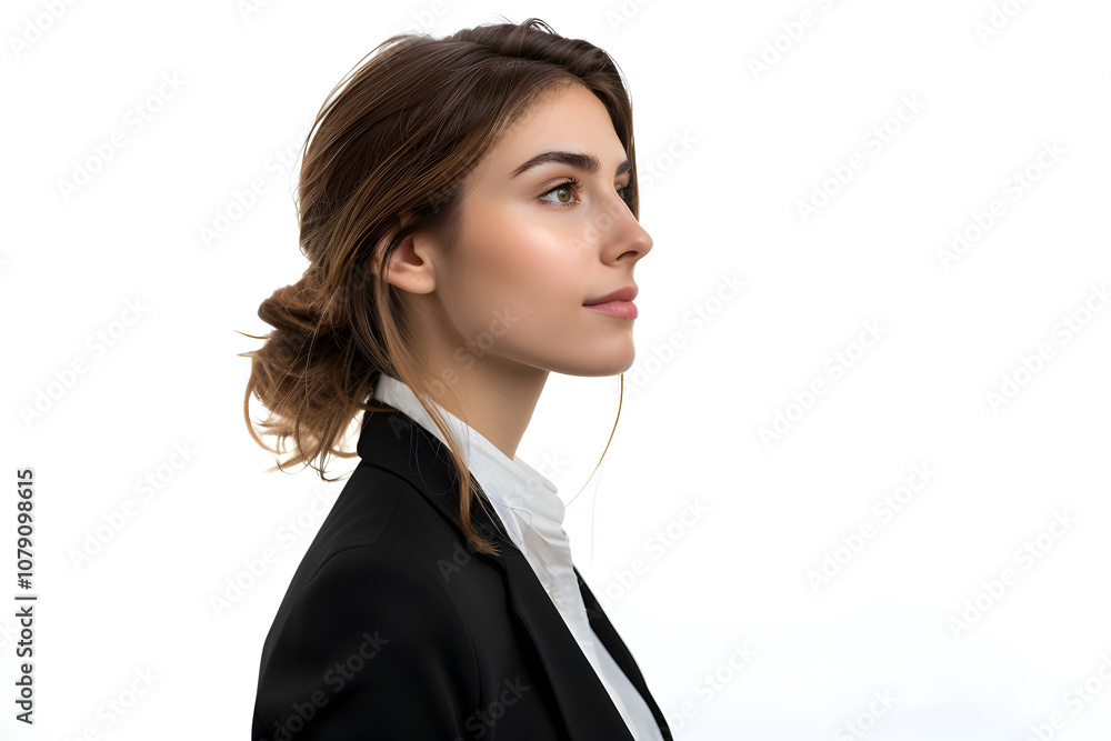 Side profile shoot of a Caucasian businesswoman in black blazer and white blouse isolated on white background Side profile shoot of a Caucasian businesswoman in black blazer and white blouse isolated on white background