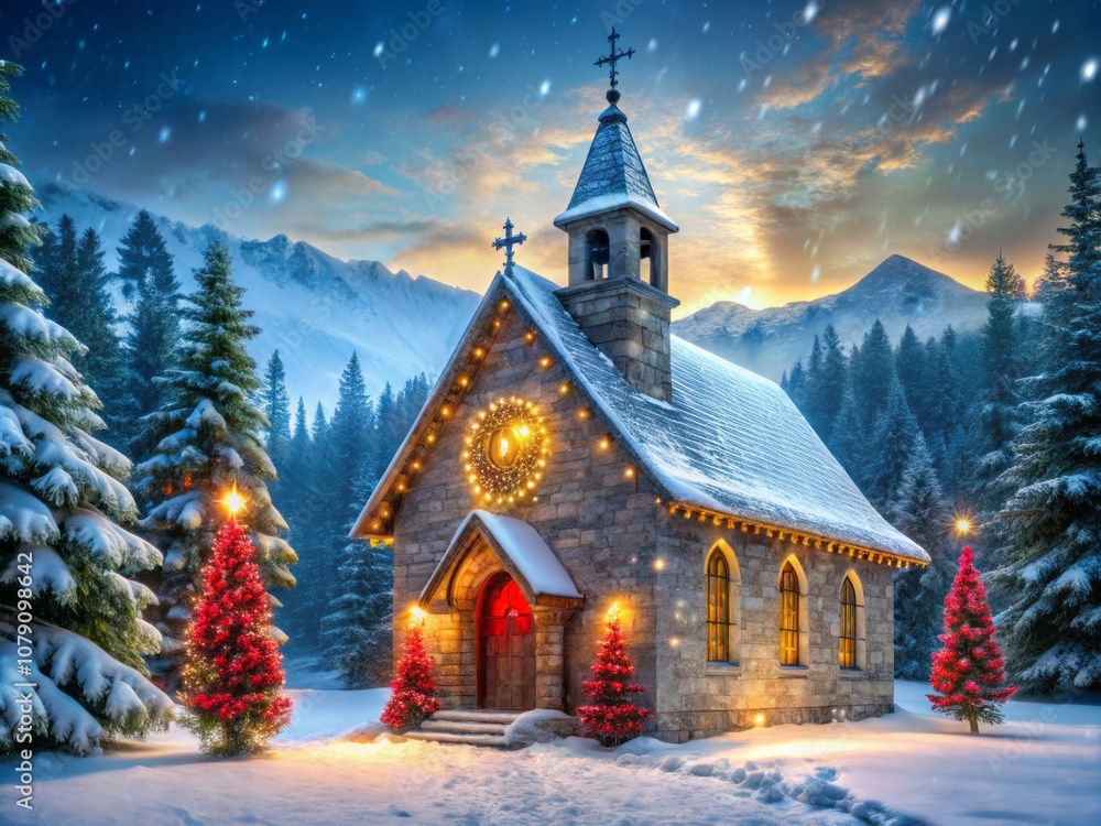 Snowflakes Gently Falling on a Majestic Stone Church Surrounded by a Winter Wonderland Landscape Snowflakes Gently Falling on a Majestic Stone Church Surrounded by a Winter Wonderland Landscape