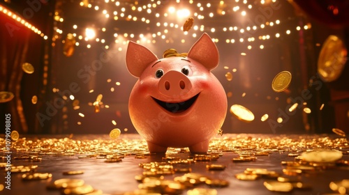 Fototapeta Naklejka Na Ścianę i Meble -  A joyful piggy bank stands prominently, radiating happiness, as golden coins scatter around it on a stage illuminated by bright lights. The setting conveys a sense of celebration and prosperity.