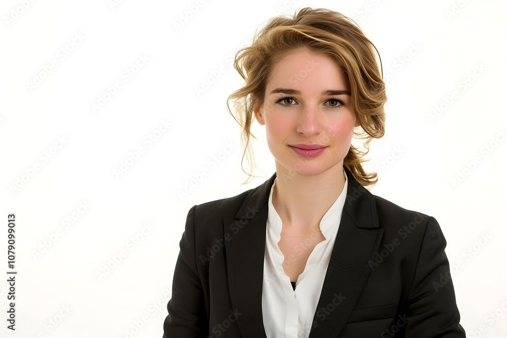 Three-quarter profile of confident Caucasian businesswoman in blazer and white blouse on white background Three-quarter profile of confident Caucasian businesswoman in blazer and white blouse on white background