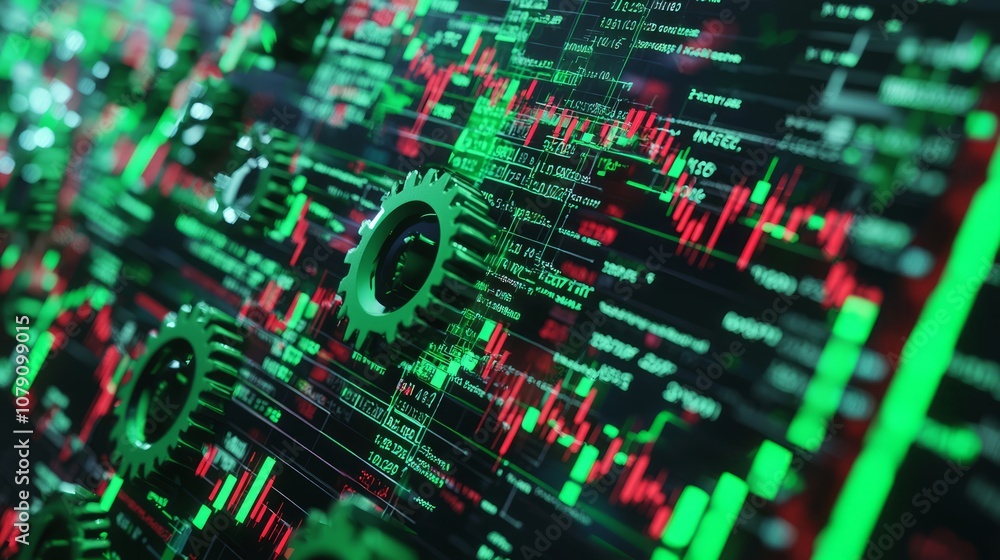 Intricate Financial Dynamics - 3D Render of Green and Red Gears Clash in Captivating Stock Market Scene Intricate Financial Dynamics - 3D Render of Green and Red Gears Clash in Captivating Stock Market Scene