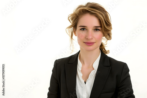 Three-quarter profile of confident Caucasian businesswoman in blazer and white blouse on white background