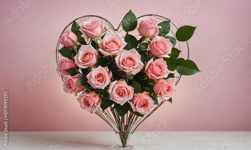 A bouquet of pink roses is arranged in a heart-shaped wire frame
