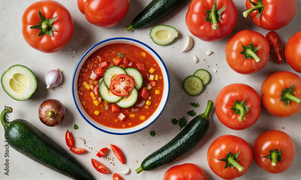 A bowl of gazpacho soup with fresh tomatoes, cucumbers, and zucchini, ready for a summer meal A bowl of gazpacho soup with fresh tomatoes, cucumbers, and zucchini, ready for a summer meal