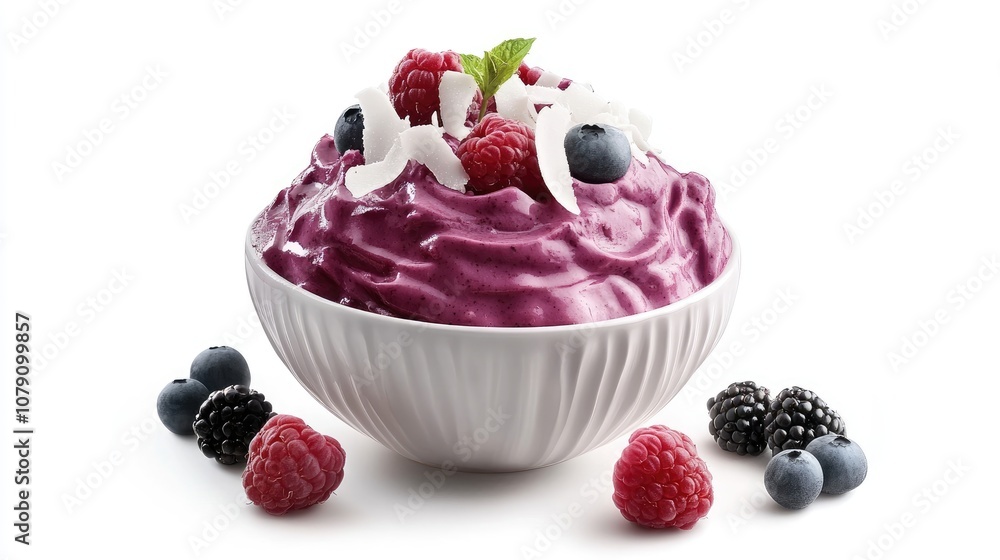 acai bowl, fresh berries and coconut flakes, artistic presentation, bright and clean, isolated on white background acai bowl, fresh berries and coconut flakes, artistic presentation, bright and clean, isolated on white background