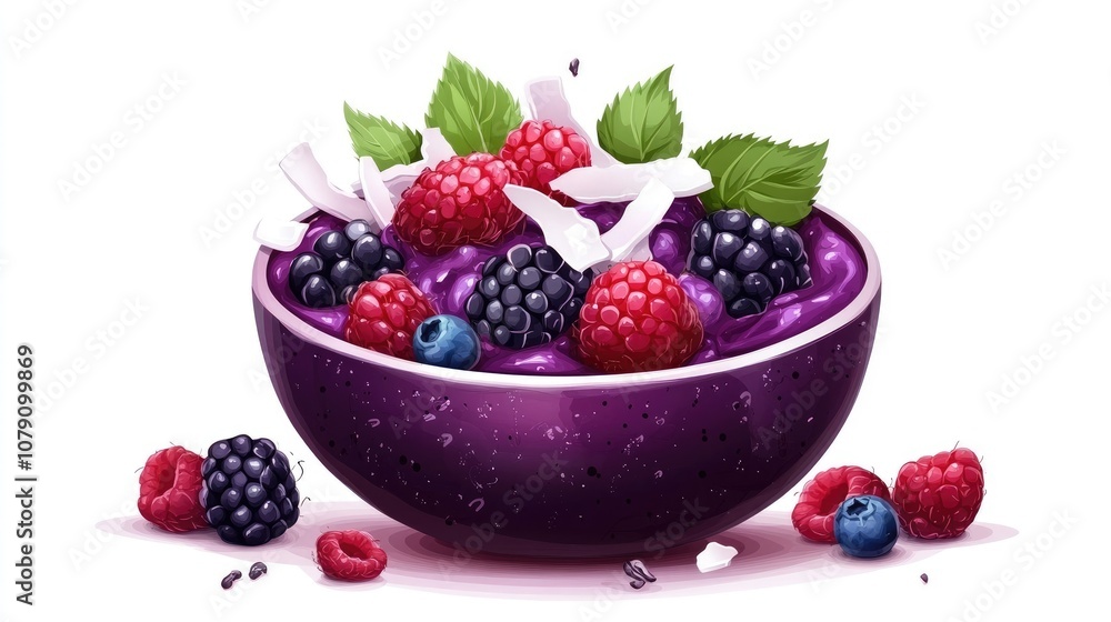 acai bowl, fresh berries and coconut flakes, artistic presentation, bright and clean, isolated on white background