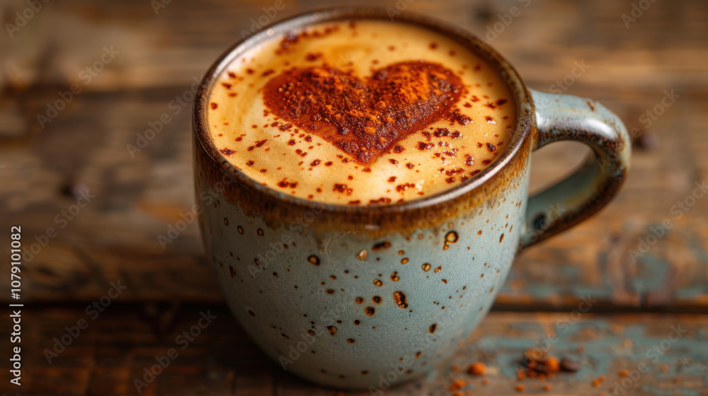 A cup of coffee with heart-shaped foam on a wooden table. A cappuccino or latte in an elegant mug, with a frothy top and brown sprinkles. The background is a rustic wood surface. A cup of coffee with heart-shaped foam on a wooden table. A cappuccino or latte in an elegant mug, with a frothy top and brown sprinkles. The background is a rustic wood surface.