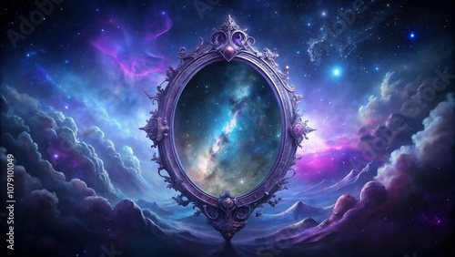 Mystical portal in a mirror reflecting a vibrant cosmic realm