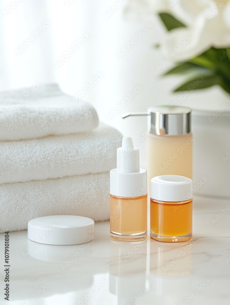 Luxurious minimalist spa setting with skincare bottles and towels Luxurious minimalist spa setting with skincare bottles and towels