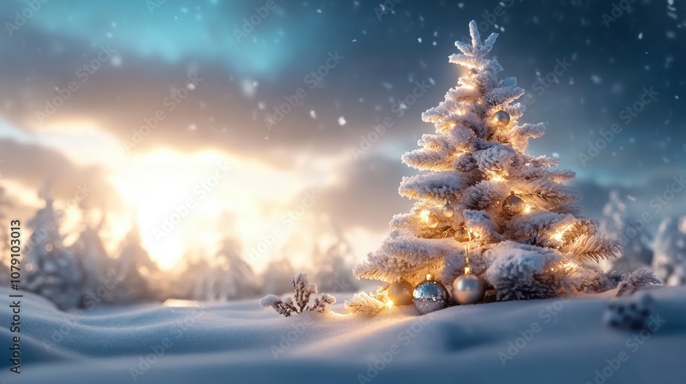 Naklejka premium Enchanted Winter Solstice: A snow-covered Christmas tree glows with warm lights, bathed in the ethereal glow of a winter sunrise. The scene evokes a sense of peace and magic. 