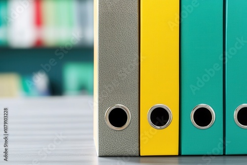 A close-up of colorful binders on a shelf, showcasing a modern office or study environment with organized documents.
