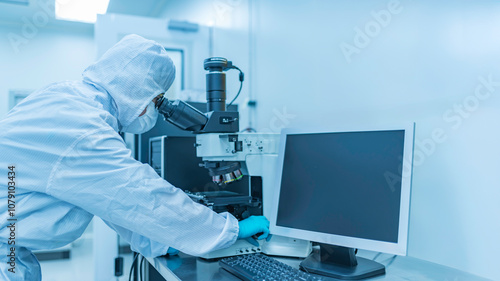 Scientist in laboratory,research experiment using microscope,lab work and sample analysis,scientific research process.