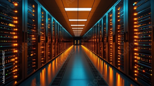 Server room with rows of glowing servers and a long hallway.