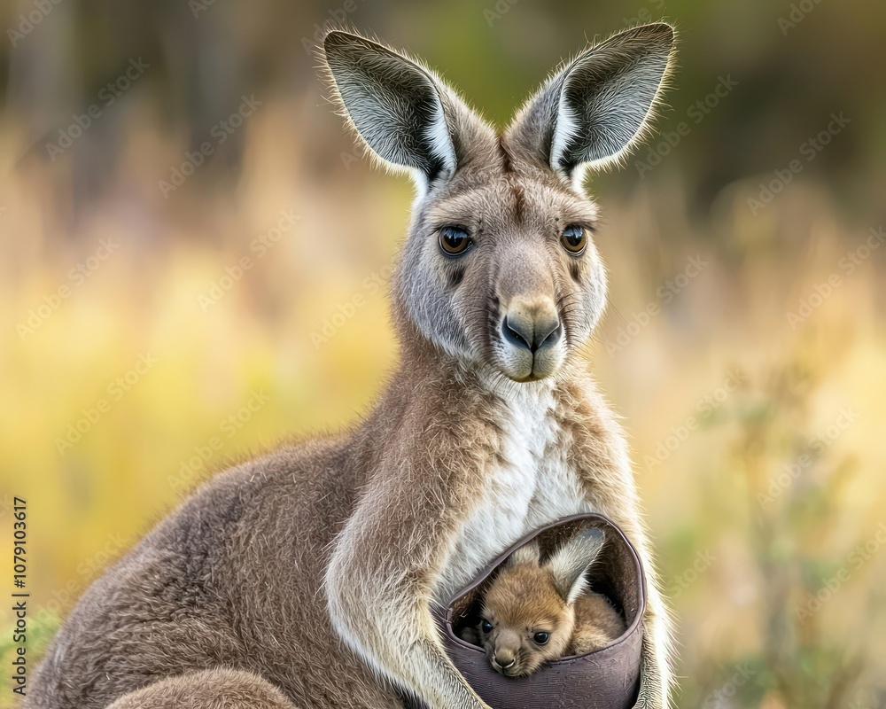 Kangaroo with joey nestled inside pouch, view Kangaroo with joey nestled inside pouch, view