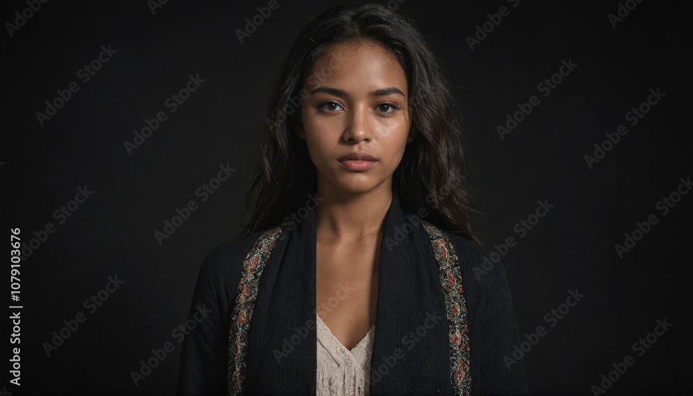 A woman with long, dark hair stares directly at the camera A woman with long, dark hair stares directly at the camera
