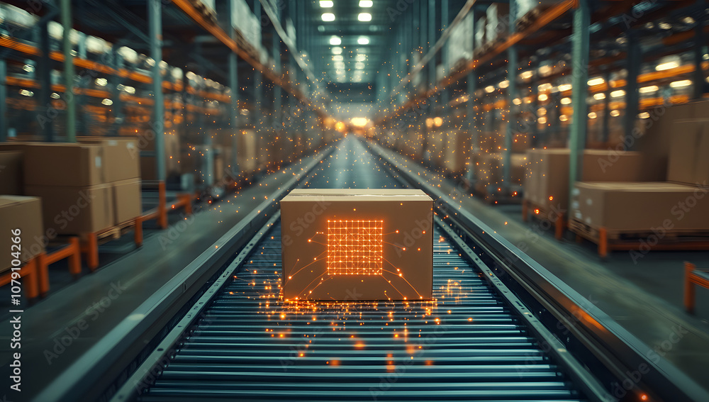 Digital rendering of a cardboard box on a conveyor belt in a warehouse setting, representing modern logistics and packaging processes in the supply chain. The scene highlights the movement of goods th Digital rendering of a cardboard box on a conveyor belt in a warehouse setting, representing modern logistics and packaging processes in the supply chain. The scene highlights the movement of goods th