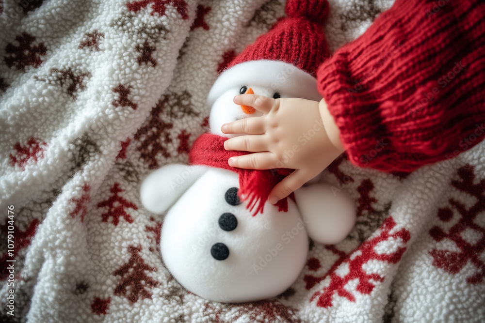 Child’s arms reaching for a plush snowman Child’s arms reaching for a plush snowman