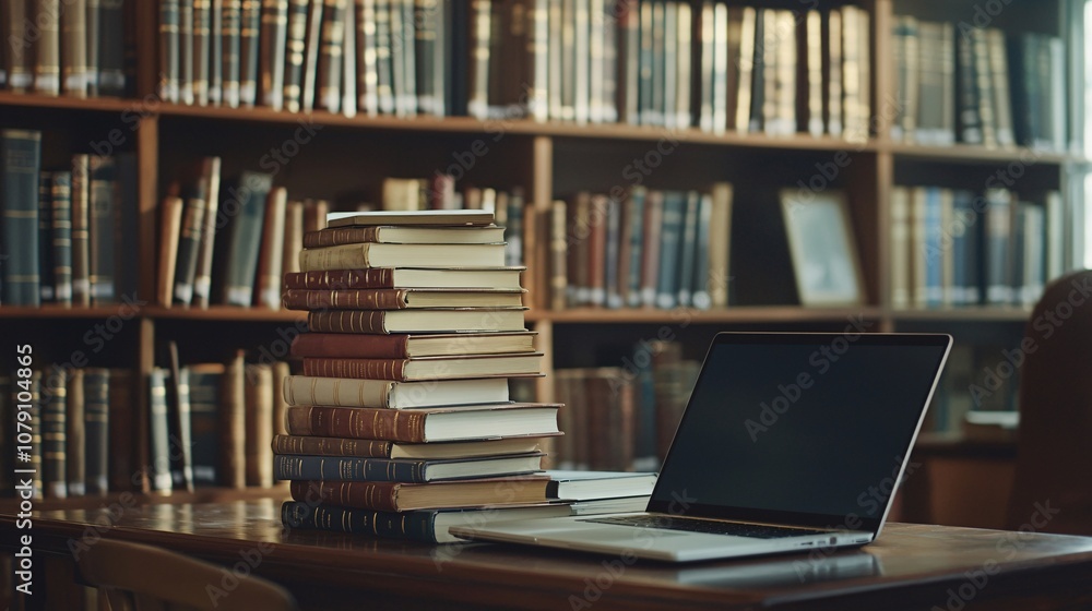 A cozy library scene featuring a stack of books beside a laptop on a wooden table, inviting readers to explore knowledge in a warm, serene environment. A cozy library scene featuring a stack of books beside a laptop on a wooden table, inviting readers to explore knowledge in a warm, serene environment.